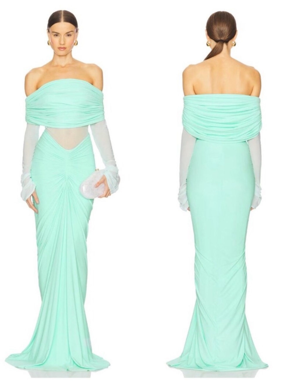 Deme by Gabriella off shoulder mesh panel Mint Green stretch Draped Evening gown
